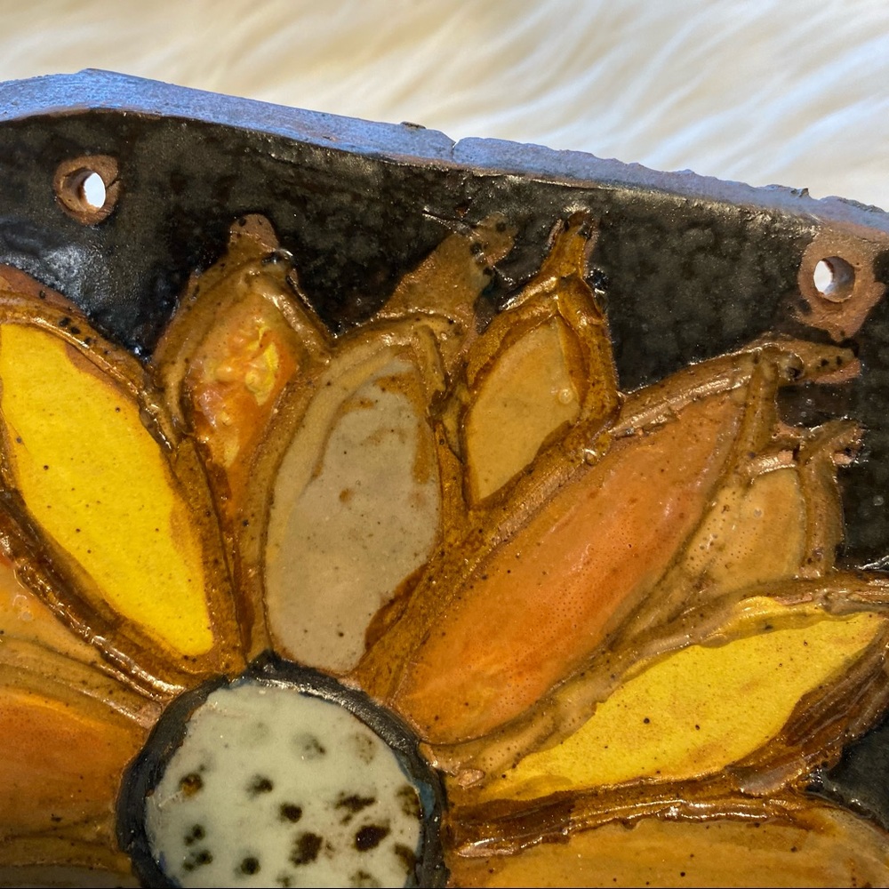 Wall art Artesian Ceramic Sunflower earth tone orange yellow brown on Chocolate - Picture 2 of 8